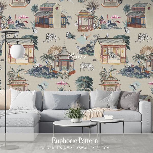 Luxury wallpaper design called Euphoric Pattern featuring Chinese houses, leopards, flamingos, and cranes with a geometric background in beige, light blue, purple, and dark blue tones.