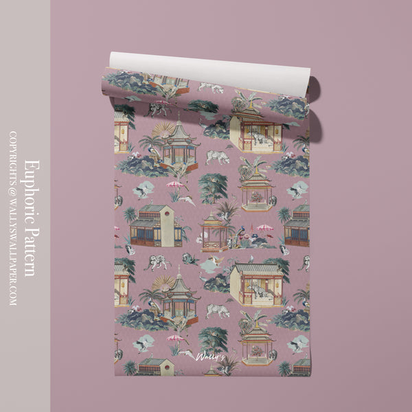 Luxury wallpaper design called Euphoric Pattern featuring Chinese houses, leopards, flamingos, and cranes with a geometric background in beige, light blue, purple, and dark blue tones.