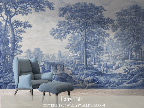 “Fairy Tale wallpaper design inspired by Italian garden in blue tones by Wally’s”