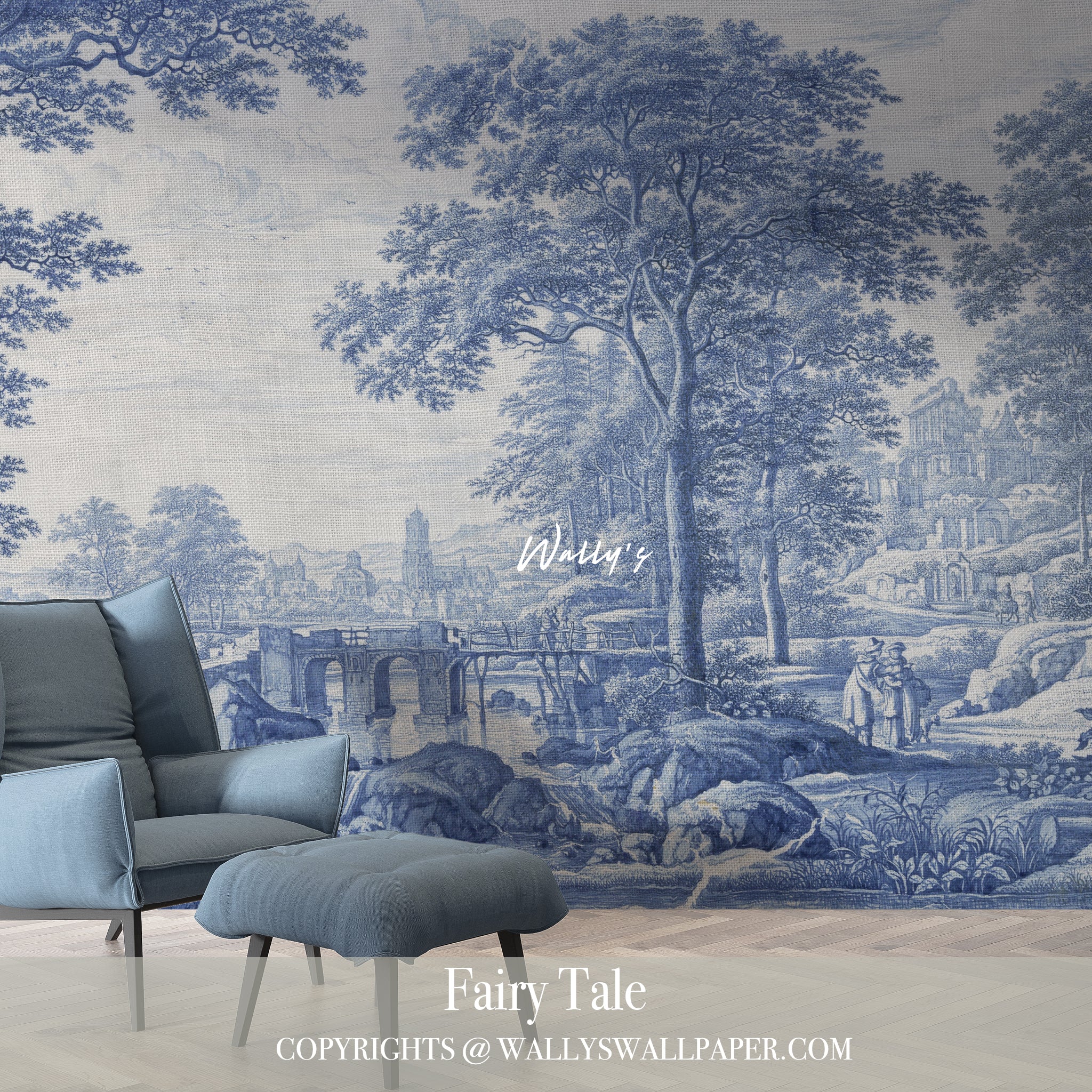 “Fairy Tale wallpaper design inspired by Italian garden in blue tones by Wally’s”