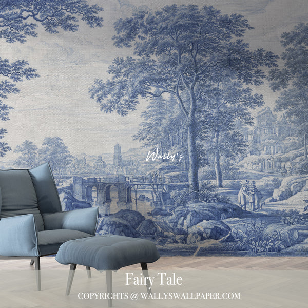 “Fairy Tale wallpaper design inspired by Italian garden in blue tones by Wally’s”