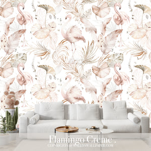 Flamingo and leaves pattern in creme color wallpaper comes in varieties of colors, crime , White , Grey, Black, Blue, suitable for interior designers and homeowners best wallpaper quality in Middle East 
