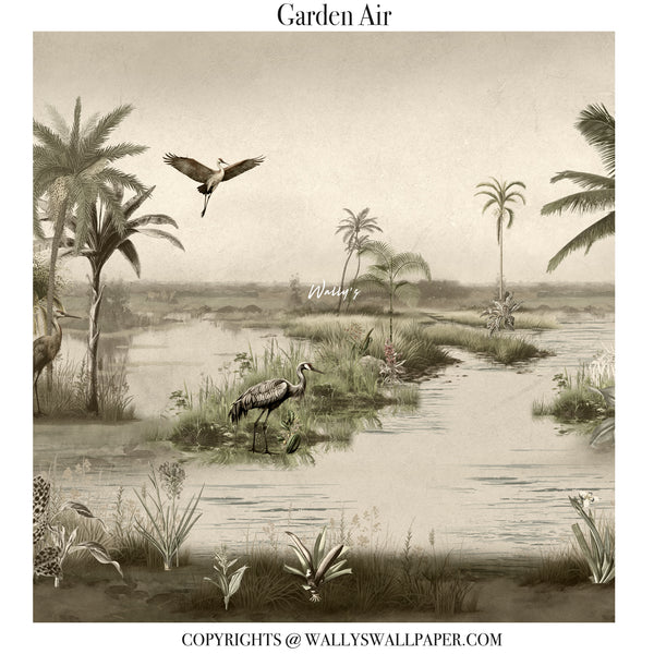 Vintage-style garden air wallpaper pattern featuring a serene marsh landscape with palm trees, a heron standing in shallow water, and a bird flying overhead, with the title 'Garden Air' at the top and copyright text at the bottom.