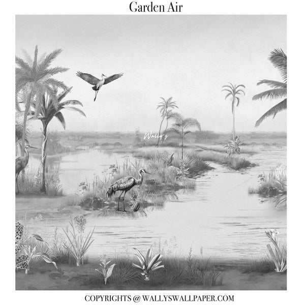 Vintage-style botanical landscape wallpaper design titled 'Garden Air' featuring a serene waterway with palm trees, a heron standing in the shallow water, and another bird flying overhead in a muted sepia palette.