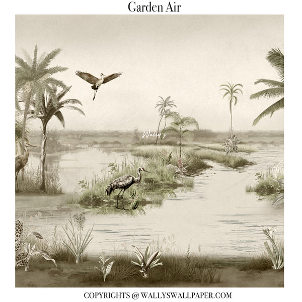 Vintage-style botanical landscape wallpaper design titled 'Garden Air' featuring a serene waterway with palm trees, a heron standing in the shallow water, and another bird flying overhead in a muted sepia palette.
