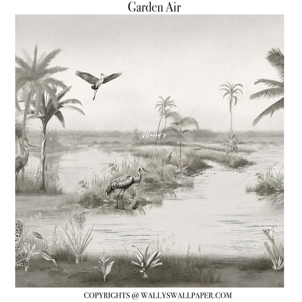 Vintage-style botanical landscape wallpaper design titled 'Garden Air' featuring a serene waterway with palm trees, a heron standing in the shallow water, and another bird flying overhead in a muted sepia palette.