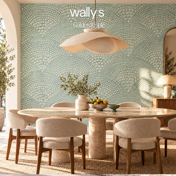 Modern dining room with Golden Ripple blue grey wallpaper by Wally’s