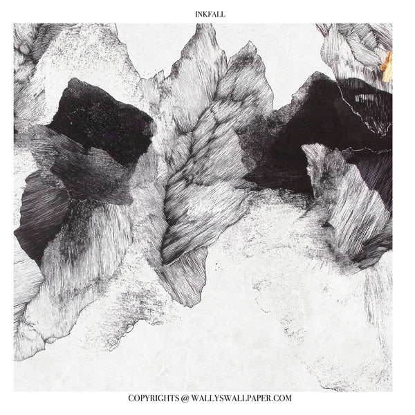 Abstract black and white ink sketch of mountain-like forms with textured brushwork and linework on a white background, with the word 'INKFALL' at the top and copyright text at the bottom.