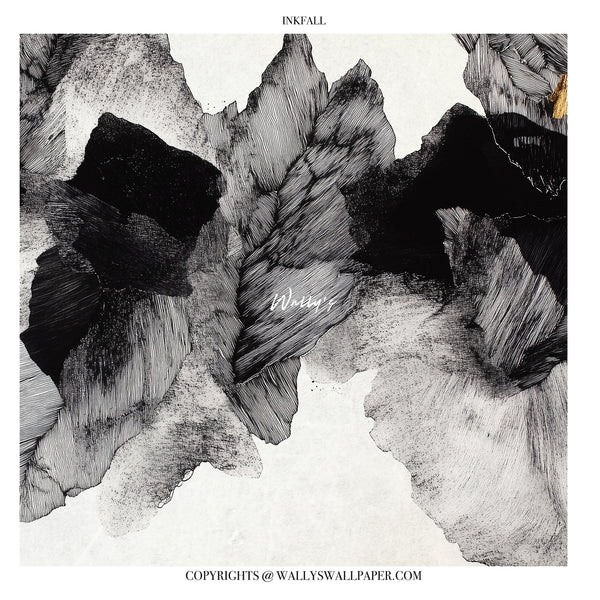 Abstract black and white textured wallpaper design with layered brushstroke-like mountain or leaf shapes on a light background. Small text at the top reads 'INKFALL' and copyright text at the bottom references 'WALLYSWALLPAPER.