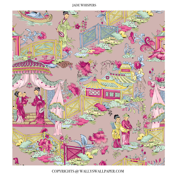 Kashmir tone chinoiserie wallpaper with warm floral scenes and decorative oriental design