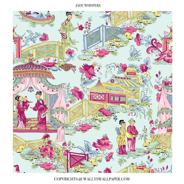 Light blue chinoiserie wallpaper with delicate floral and oriental elements for soft interiors