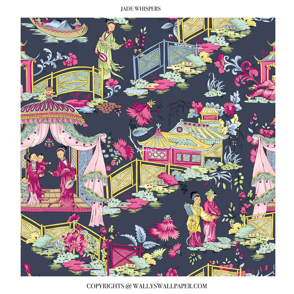 Dark blue chinoiserie wallpaper with rich floral and pagoda pattern for dramatic luxury spaces