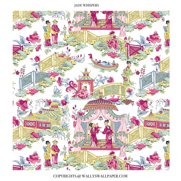 White chinoiserie wallpaper with soft floral and artistic oriental pattern for minimal interiors