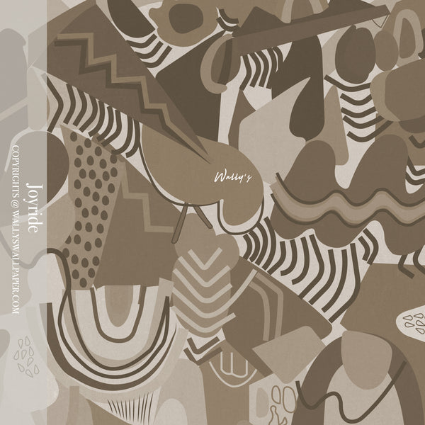Abstract pattern with geometric shapes in brown and beige tones on a beige background.