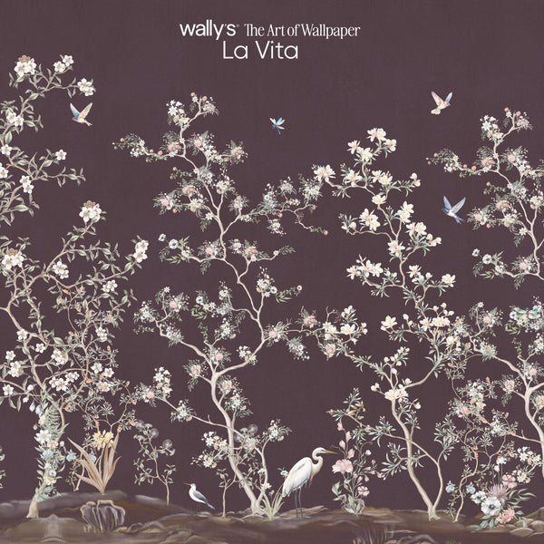 Wallpaper design featuring delicate white and pink flowering branches with birds and small birds on a dark plum background. The text 'wallys The Art of Wallpaper La Vita' is visible at the top.