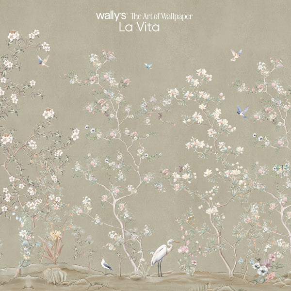 Wally's 'The Art of Wallpaper La Vita' wallpaper design featuring delicate white and pink blossoms, small birds, and a heron on a muted beige background.