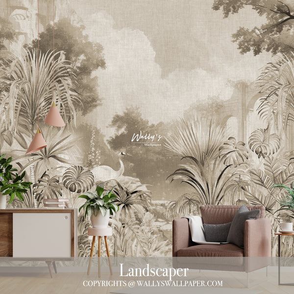 Vintage landscape wallpaper mural of a jungle landscaper, perfect for a garden of trees and flamingo with some birds  setting. Top choice in Egypt.
