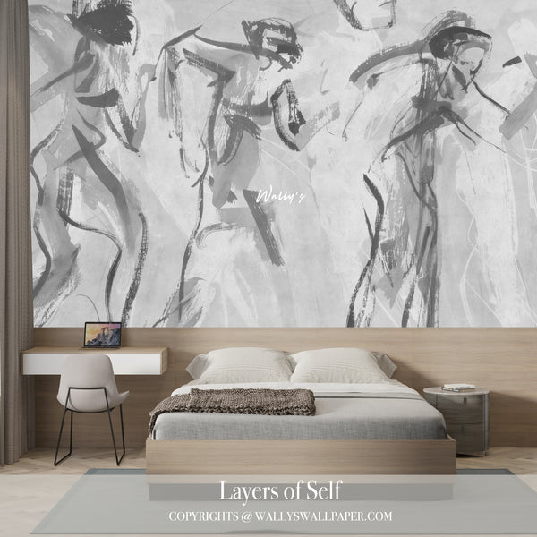 Abstract mint blue, beige, grey, and blush pink wallpaper mural by Wally’s Wallpaper – Layers of Self Collection – Between Us design displayed in a modern wooden cabinet room setting.