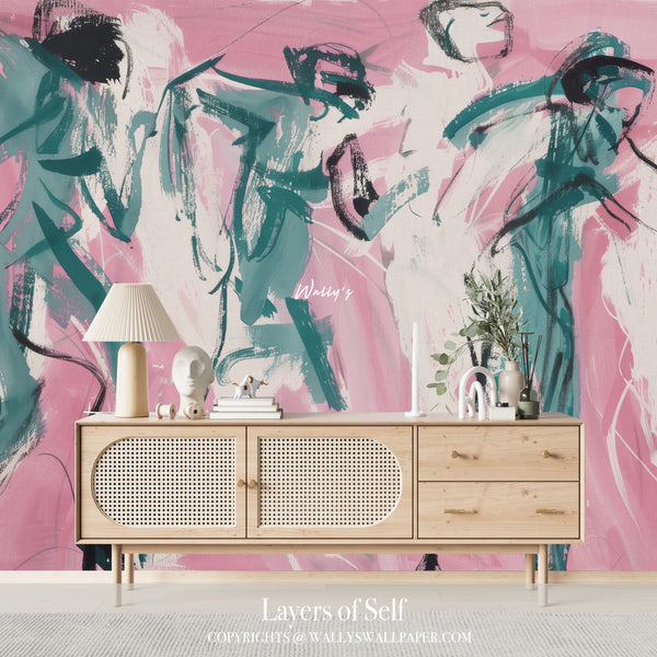 Abstract mint blue, beige, grey, and blush pink wallpaper mural by Wally’s Wallpaper – Layers of Self Collection – Between Us design displayed in a modern wooden cabinet room setting.