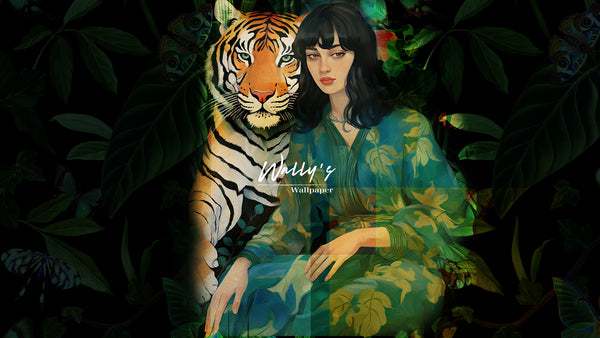 A portrait of a lady with a tiger wearing a botanical dress in front of of green sofa , with a pattern background of tropical leaves comes in 4 colors, Green, Pale, Grey, Sepia, best wallpaper quality in Egypt and Middle East 