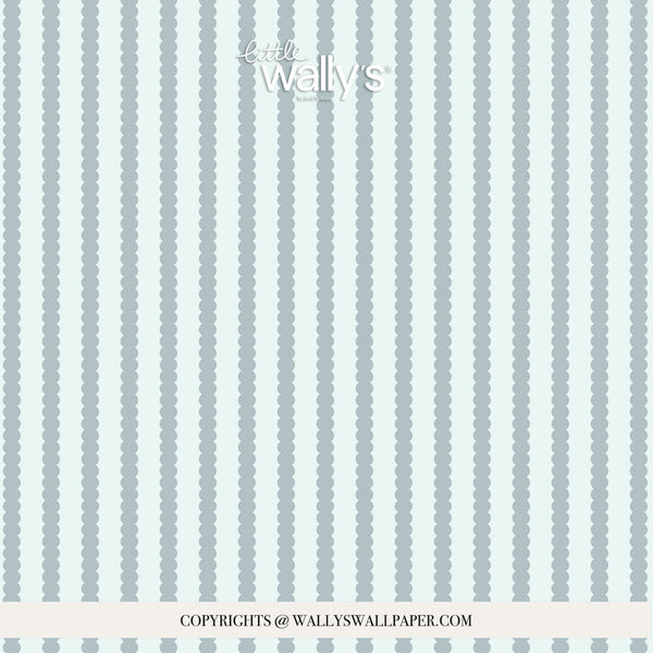 A repeating wallpaper pattern featuring vertical columns of muted blue-gray dots on a very light gray background, with a small 'little wally's' logo at the top and copyright text at the bottom.