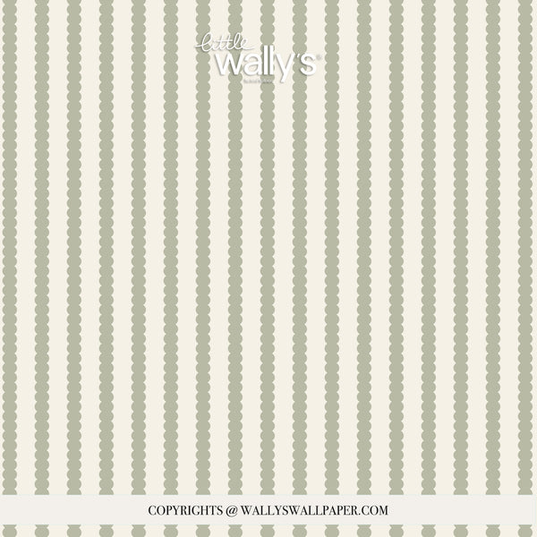 A repeating wallpaper pattern featuring vertical columns of muted sage green dotted ovals on a warm off-white background, with a small 'little wally's' watermark at the top and copyright text at the bottom.
