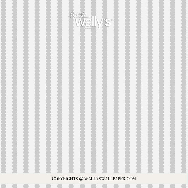 A repeating wallpaper pattern featuring vertical columns of light gray circles on a white background, with 'little wally's' branding at the top and copyright text at the bottom.