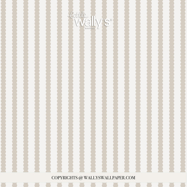A repeating wallpaper pattern featuring vertical columns of small beige circles on a warm off-white background, with the brand name 'little wally's' at the top and copyright text at the bottom.