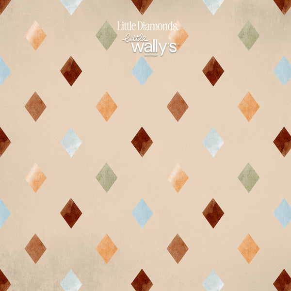 A repeating pattern of watercolor-style diamonds in brown, orange, light blue, and sage green on a warm beige background, with the text 'Little Diamonds' and 'Little Wally's' centered near the top.