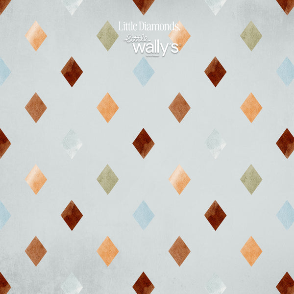 A repeating pattern of watercolor-style diamond shapes in orange, brown, light blue, and muted olive on a pale blue-gray background. The text 'Little Diamonds' and 'little wally's' appears near the top center.