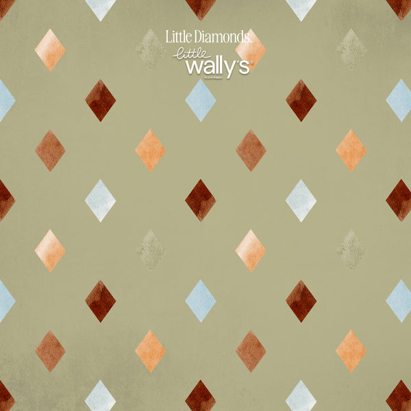 A repeating geometric pattern featuring watercolor-style diamond shapes in terracotta, peach, light blue, and off-white on a muted sage green background. The text 'Little Diamonds' and 'Little Wally's' appears near the top center.
