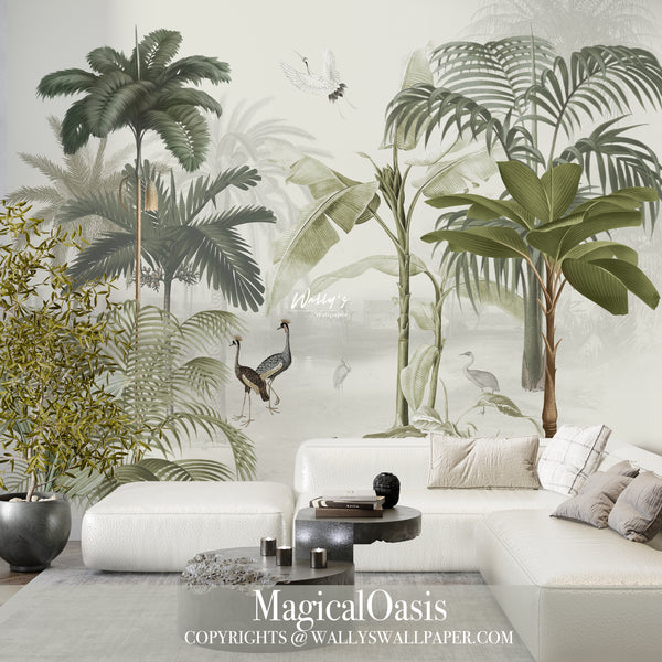 wallpaper of green trees and crown birds with a flying white crane I front of white sofa great solutions for interior designer and homeowners best wallpaper quality in Egypt and Middle East 