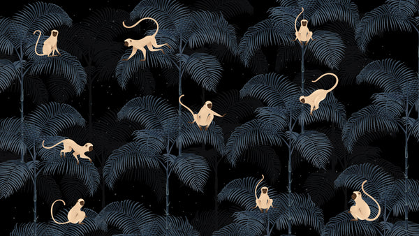 Wallpaper design of blue palm trees with cute monkeys. beige, with stars in the background on a black, bLue, grey, Beige background best wall mural , wall covering , best qaulity in Middle East and Egypt 