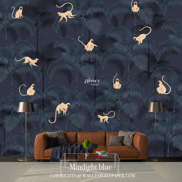Wallpaper design of blue palm trees with cute monkeys. beige, with stars in the background on a black, bLue, grey, Beige background best wall mural , wall covering , best qaulity in Middle East and Egypt 