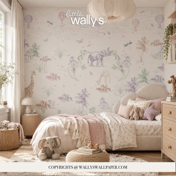 A styled children's bedroom featuring a wall covered in pastel safari-themed wallpaper by Little Wally's. The wallpaper has a soft cream background with illustrations of an elephant, giraffe, zebra, hot air balloon, dragonfly, and trees in muted lavender, pink, and green tones.