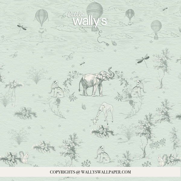 A repeating wallpaper pattern in pale mint green featuring delicate gray illustrations of an elephant, giraffe, monkeys, hot air balloons, dragonflies, birds, and foliage. The brand name 'little wally's' appears at the top, and 'COPYRIGHTS @ WALLYWSWALLPAPER.