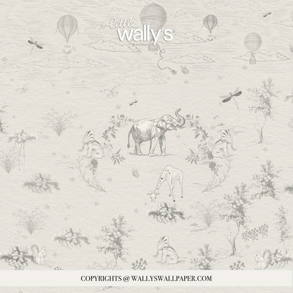 A repeating wallpaper pattern in soft warm beige and gray, featuring whimsical safari-style illustrations including an elephant, giraffe, rabbit, hot air balloons, trees, flowers, and dragonflies. The text 'little wally's' appears near the top, and 'COPYRIGHTS @ WALLYSWALLPAPER.