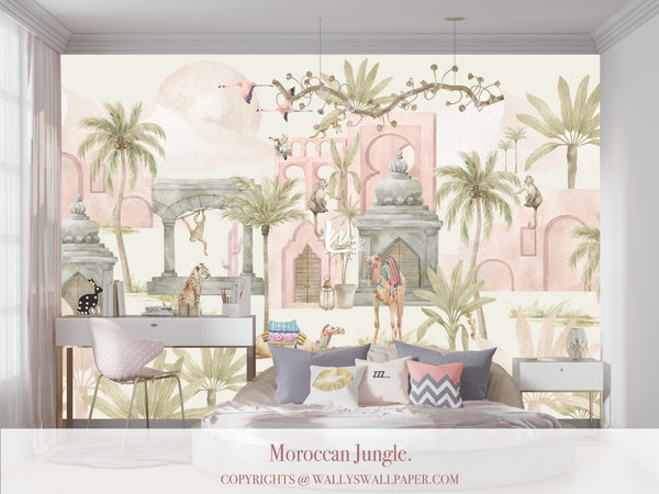 Kids jungle wallpaper mural with camels, monkeys, flamingos and Moroccan architecture in soft pastel colors for playful bedroom design