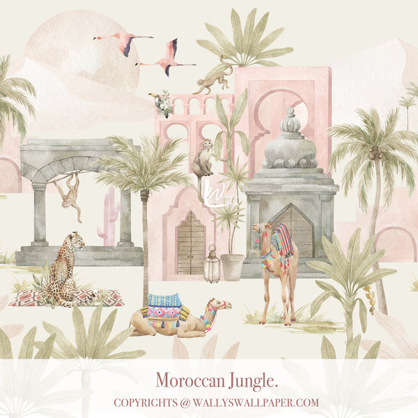 Kids jungle wallpaper mural with camels, monkeys, flamingos and Moroccan architecture in soft pastel colors for playful bedroom design