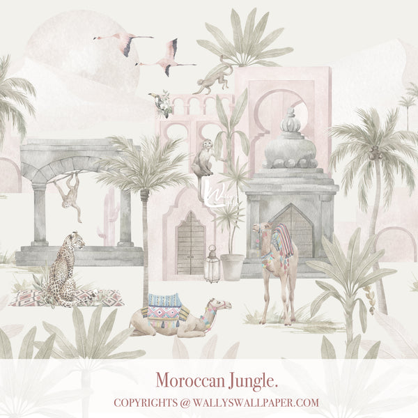 Kids jungle wallpaper mural with camels, monkeys, flamingos and Moroccan architecture in soft pastel colors for playful bedroom design