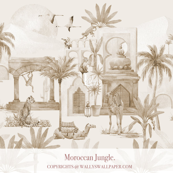 Kids jungle wallpaper mural with camels, monkeys, flamingos and Moroccan architecture in soft pastel colors for playful bedroom design