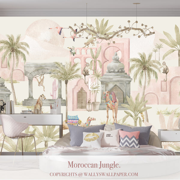 Kids jungle wallpaper mural with camels, monkeys, flamingos and Moroccan architecture in soft pastel colors for playful bedroom design