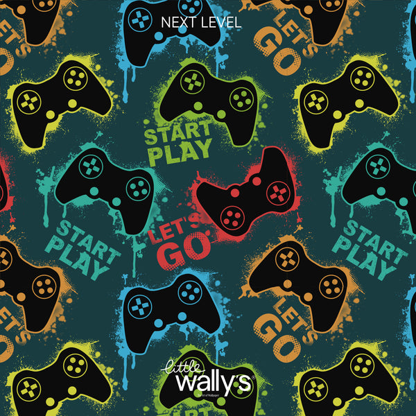A repeating graphic pattern featuring black video game controllers with neon yellow, blue, and red accents on a dark teal background, interspersed with the phrases 'START PLAY' and 'LET'S GO' in matching neon colors. The text 'NEXT LEVEL' appears at the top, and 'little wally's' is visible at the bottom.