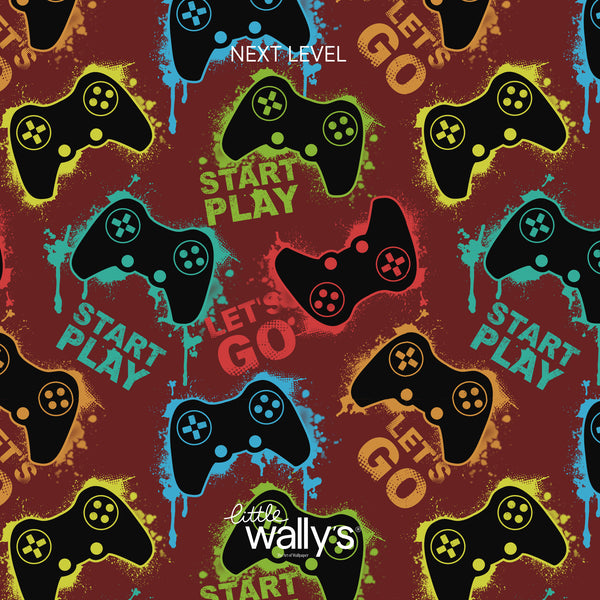A repeating graphic pattern featuring black video game controllers with neon yellow, blue, and green accents on a dark red background, with text reading 'NEXT LEVEL', 'START PLAY', and 'LET'S GO!' plus the visible brand name 'little wally's' near the bottom.