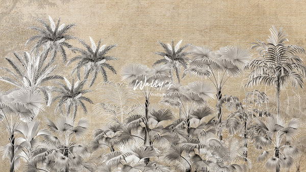 Middle East wallpaper, wallpaper of palm trees in Grey color on Vintage yellow background, also grey, sepia color , Custom Wallpaper  
