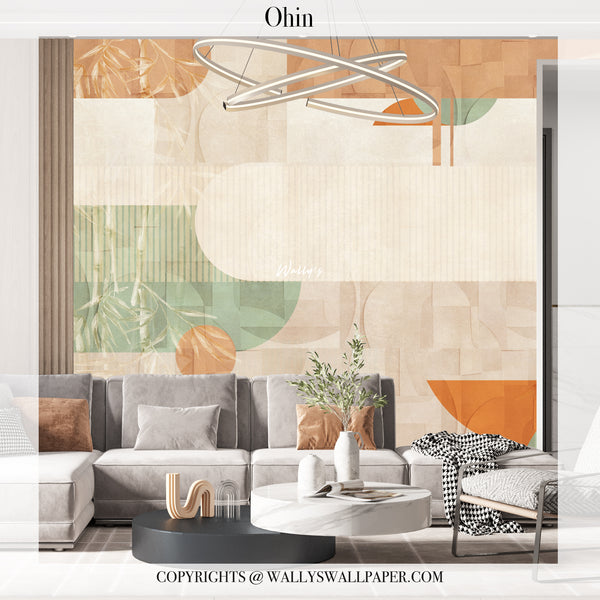 Modern abstract wallpaper with neutral tones, terracotta shapes, and soft green accents in a contemporary living room setting