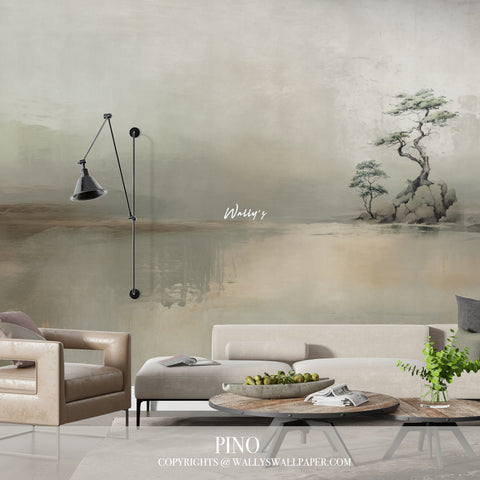 Minimal Japanese-style wallpaper mural featuring a serene tree by calm water in soft beige and sage tones, styled in a modern living room – Pino by Wally’s Wallpaper.