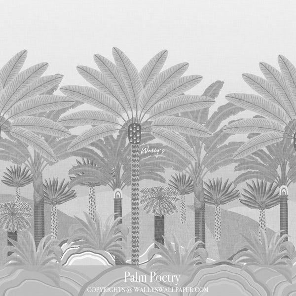 Palm leaf wallpaper with hand-painted palms and abstract layered landscape in soft neutral and earthy tones – Palm Poetry by Wally’s Wallpaper.