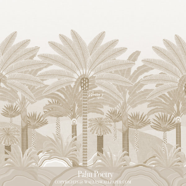 Palm leaf wallpaper with hand-painted palms and abstract layered landscape in soft neutral and earthy tones – Palm Poetry by Wally’s Wallpaper.