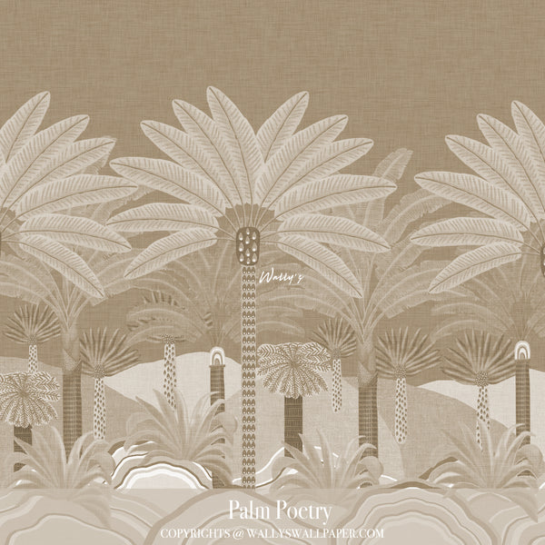 Palm leaf wallpaper with hand-painted palms and abstract layered landscape in soft neutral and earthy tones – Palm Poetry by Wally’s Wallpaper.